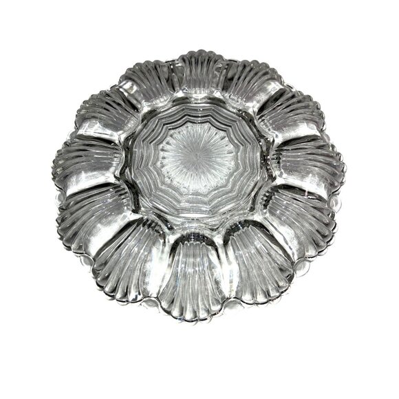 Clear Glass Deviled Egg Plate Dish Scalloped Rim - Picture 5 of 8
